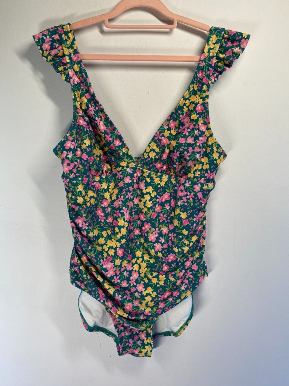 Kona Sol Womens Floral One-Piece Swimsuit With Ruffle Straps Size L (12-14) Mult